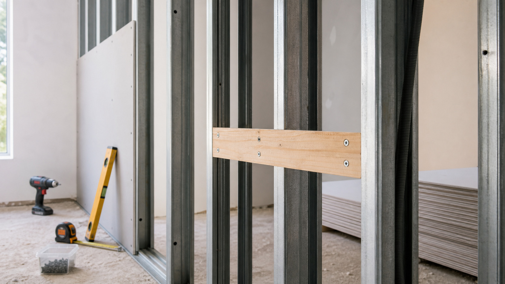 Renfort en bois installé dans une cloison avant fermeture par plaque de plâtre