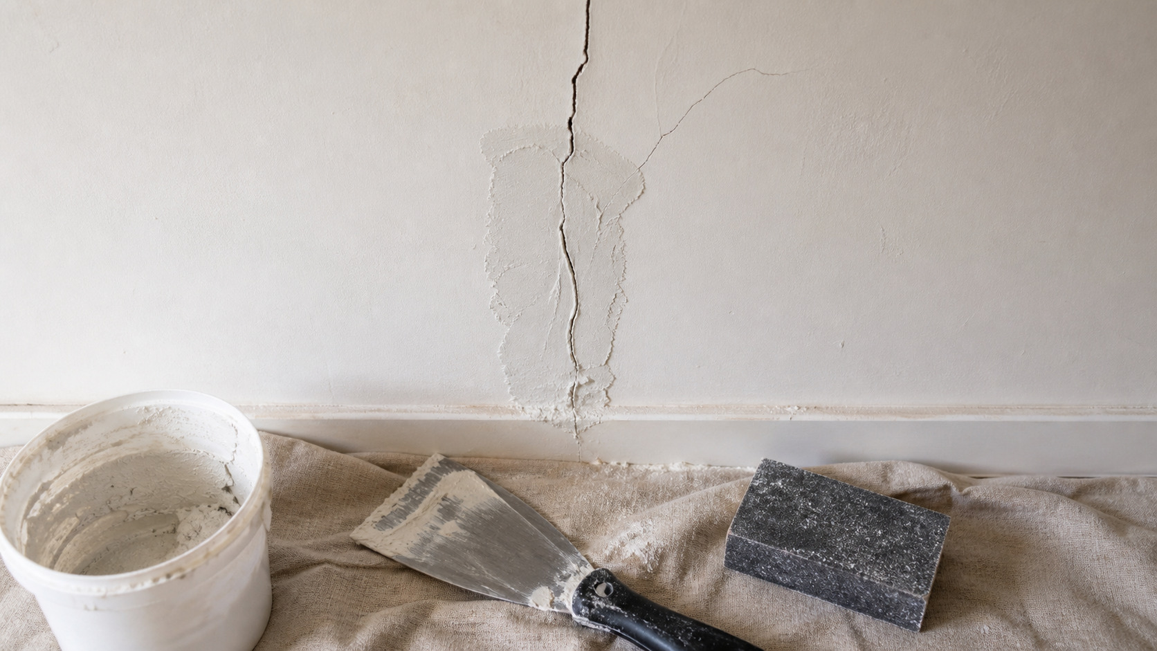 Mur intérieur fissuré avec spatule, enduit et cale à poncer