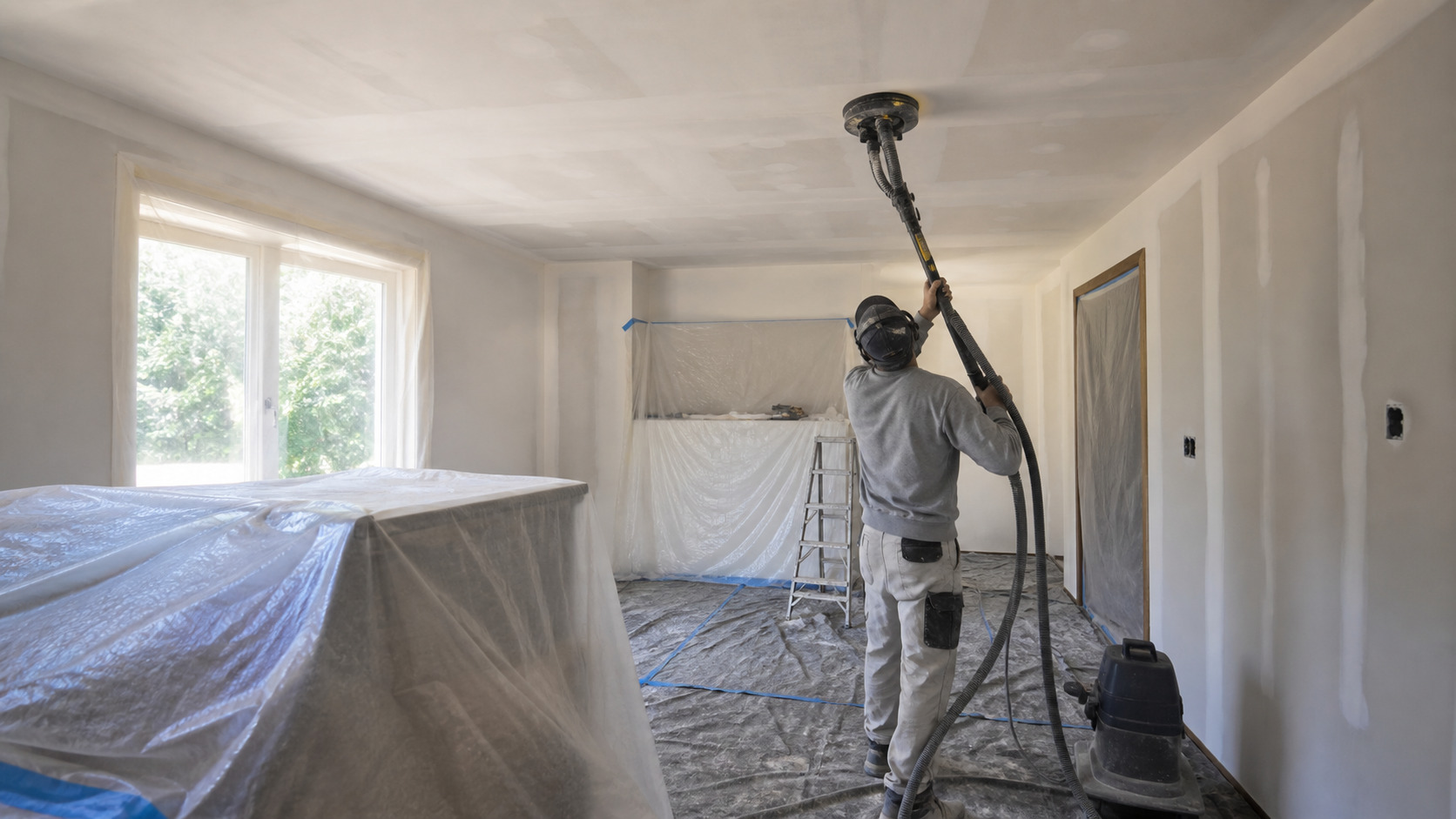 Plafond enduit en cours de ponçage avec protection au sol